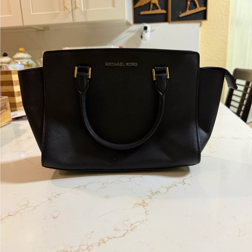 Michael Kors Black Leather Satchel with Gold Hardware